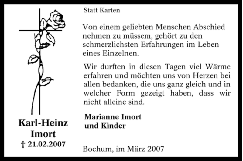  Traueranzeige für Karl-Heinz Imort vom 21.03.2007 aus Tageszeitung