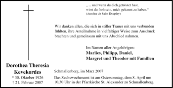 Traueranzeige von Dorothea Theresia Kevekordes von Tageszeitung