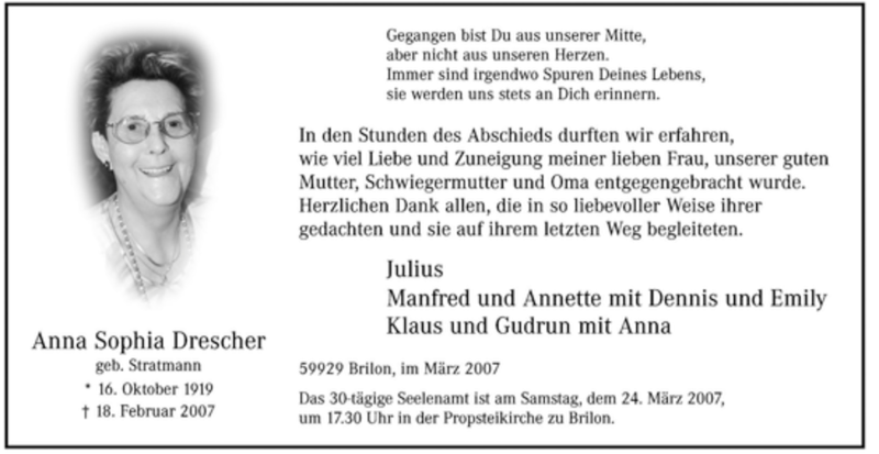  Traueranzeige für Anna Sophie Drescher vom 21.03.2007 aus Tageszeitung