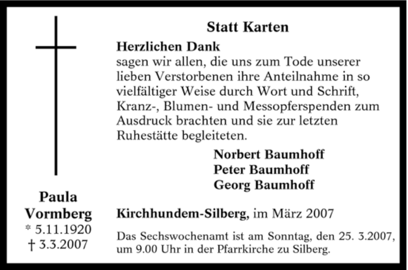  Traueranzeige für Paula Vormberg vom 22.03.2007 aus Tageszeitung