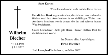 Traueranzeige von Wilhelm Blecher von Tageszeitung