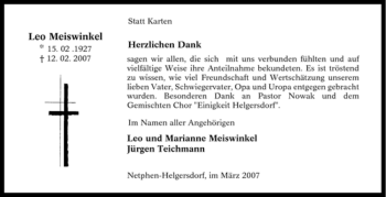 Traueranzeige von Leo Meiswinkel von Tageszeitung