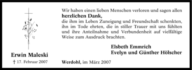  Traueranzeige für Erwin Maleski vom 23.03.2007 aus Tageszeitung