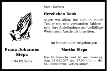 Traueranzeige von Franz Johannes Siepa von Tageszeitung