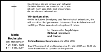 Traueranzeige von Maria Hochstein von Tageszeitung