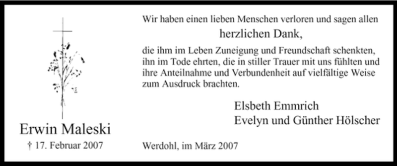  Traueranzeige für Erwin Maleski vom 23.03.2007 aus Tageszeitung