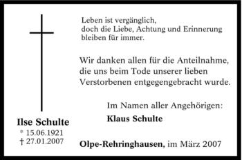 Traueranzeige von Ilse Schulte von Tageszeitung