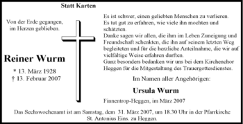 Traueranzeige von Reiner Wurm von Tageszeitung