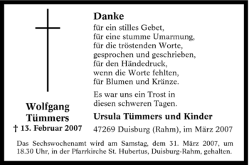 Traueranzeige von Wolfgang Tümmers von Tageszeitung