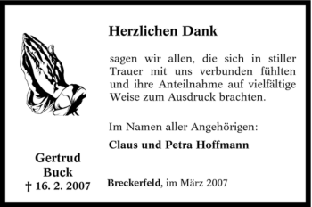 Traueranzeige von Gertrud Buck von Tageszeitung