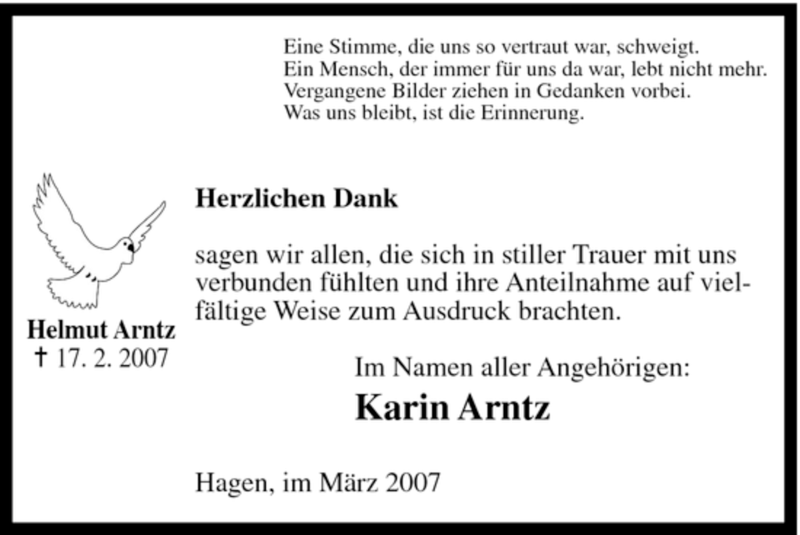  Traueranzeige für Helmut Arntz vom 24.03.2007 aus Tageszeitung
