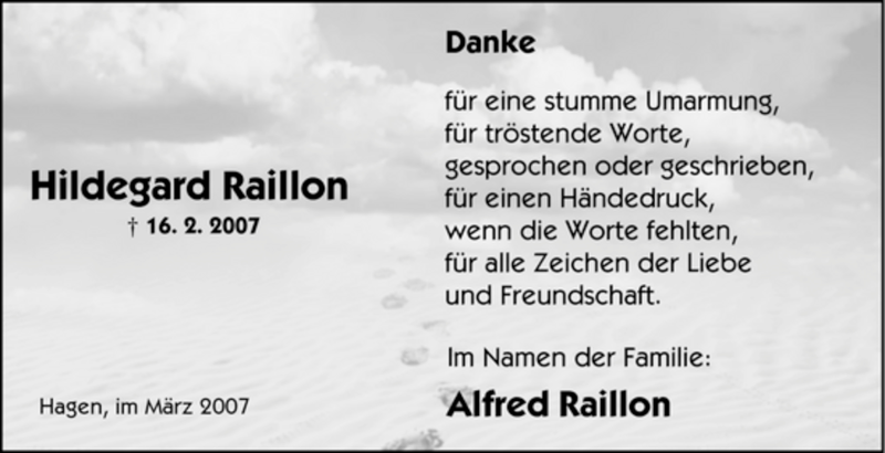  Traueranzeige für Hildegard Raillon vom 24.03.2007 aus Tageszeitung