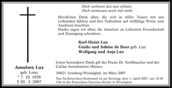 Traueranzeige von Annelore Lux von Tageszeitung