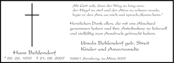 Traueranzeige von Hans Behlendorf von Tageszeitung
