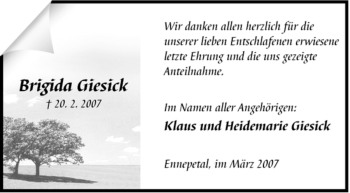 Traueranzeige von Brigida Giesick von Tageszeitung