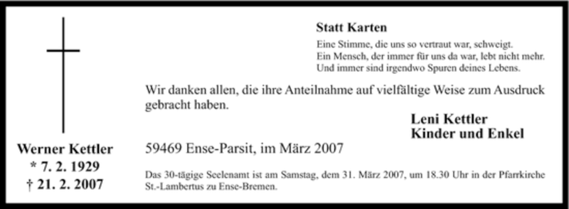  Traueranzeige für Werner Kettler vom 24.03.2007 aus Tageszeitung