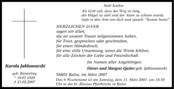 Traueranzeige von Karola Jablonowski von Tageszeitung