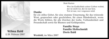 Traueranzeige von Wilma Bald von Tageszeitung