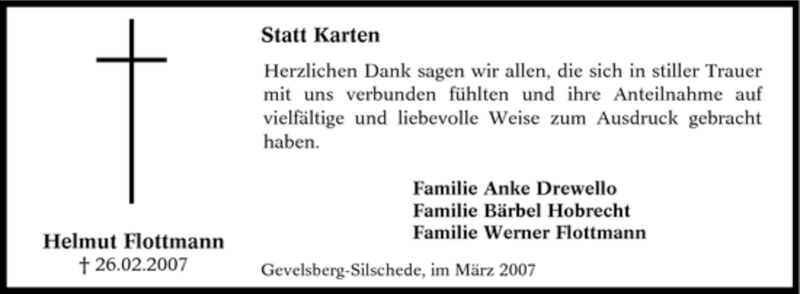  Traueranzeige für Helmut Flottmann vom 24.03.2007 aus Tageszeitung
