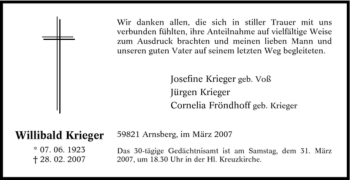 Traueranzeige von Willibald Krieger von Tageszeitung
