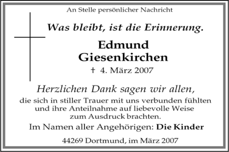  Traueranzeige für Edmund Giesenkirchen vom 24.03.2007 aus Tageszeitung