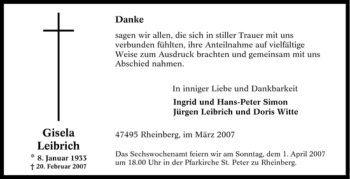 Traueranzeige von Gisela Leibrich von Tageszeitung