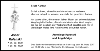 Traueranzeige von Josef Kalenski von Tageszeitung