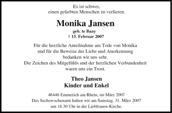 Traueranzeige von Monika Jansen von Tageszeitung