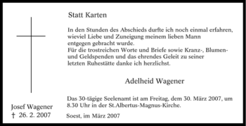 Traueranzeige von Josef Wagener von Tageszeitung