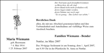 Traueranzeige von Maria Wiemann von Tageszeitung