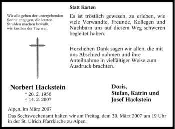 Traueranzeige von Norbert Hackstein von Tageszeitung