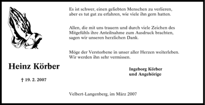  Traueranzeige für Heinz Körber vom 24.03.2007 aus Tageszeitung