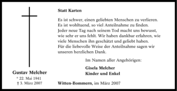 Traueranzeige von Gustav Melcher von Tageszeitung