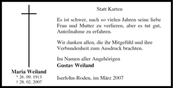 Traueranzeige von Maria Weiland von Tageszeitung