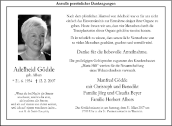 Traueranzeige von Adelheid Gödde von Tageszeitung