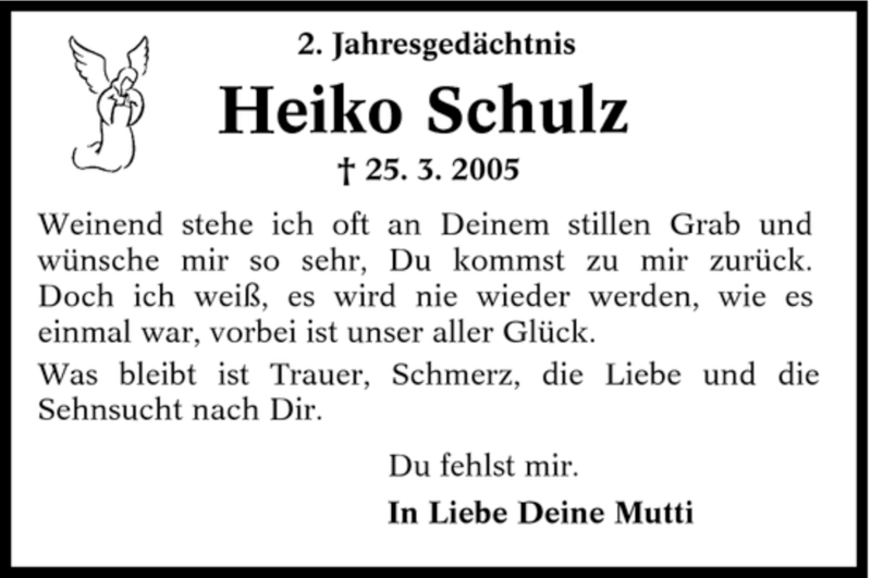  Traueranzeige für Heiko Schulz vom 24.03.2007 aus Tageszeitung