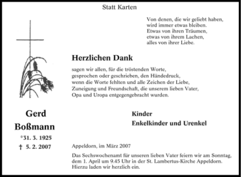 Traueranzeige von Gerd Boßmann von Tageszeitung