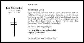 Traueranzeige von Leo Meiswinkel von Tageszeitung