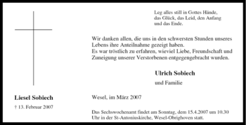 Traueranzeige von Liesel Sobiech von Tageszeitung