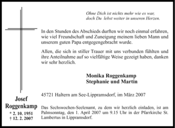 Traueranzeige von Josef Roggenkamp von Tageszeitung