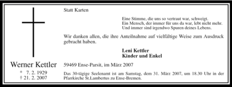  Traueranzeige für Werner Kettler vom 24.03.2007 aus Tageszeitung