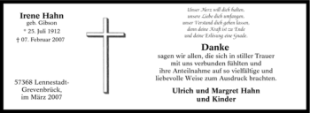 Traueranzeige von Irene Hahn von Tageszeitung