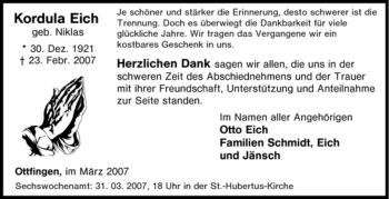 Traueranzeige von Kordula Eich von Tageszeitung