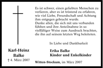 Traueranzeige von Karl-Heinz Balke von Tageszeitung