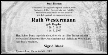 Traueranzeige von Ruth Westermann von Tageszeitung