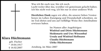 Traueranzeige von Klara Hüchtemann von Tageszeitung