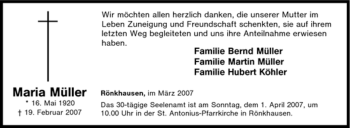 Traueranzeige von Maria Müller von Tageszeitung