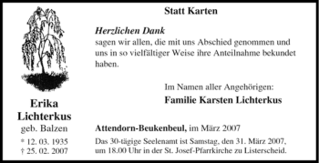 Traueranzeige von Erika Lichterkus von Tageszeitung