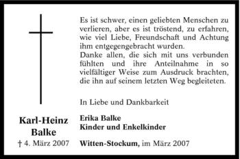 Traueranzeige von Karl-Heinz Balke von Tageszeitung