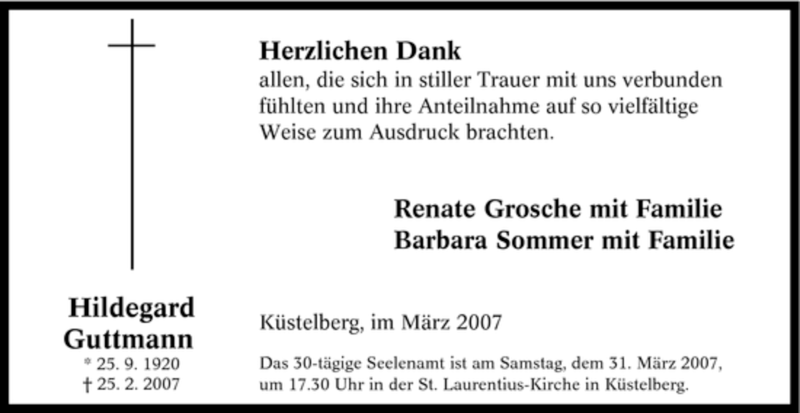  Traueranzeige für Hildegard Guttmann vom 27.03.2007 aus Tageszeitung